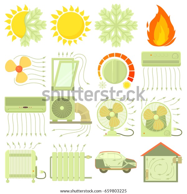 Heat cool air flow tools
icons set. Cartoon illustration of 16 heat cool air flow tools 
icons for web