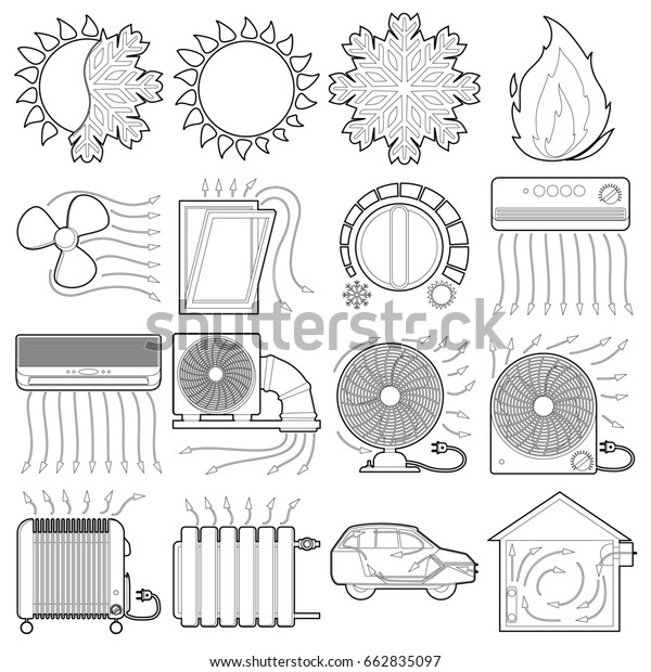 Heat cool air flow tools
icons set. Outline illustration of 16 heat cool air flow tools 
icons for web