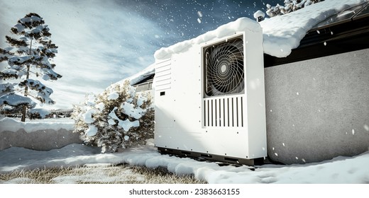 A heat pump with photovoltaic panels installed on the roof of a single-family house, an eco-friendly heating solution for the property during winter. 3d render - Powered by Shutterstock