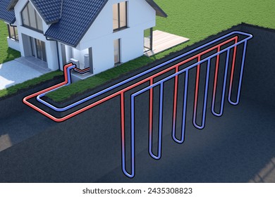 Heat Pump, vertical ground source, 3d illustration
