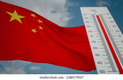 Heat Wave In China, Thermometer In Front Of Flag China And Sky Background, Heatwave In China, Danger Extreme Heat In China, 3D Work And 3D Image