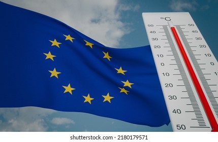 Heat Wave In Europe, Thermometer In Front Of Flag Europe And Sky Background, Heatwave In Europe, Danger Extreme Heat In Europe, 3D Work And 3D Image