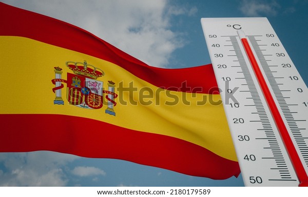 Heat wave in Spain, Thermometer in\
front of flag Spain and sky background, heatwave in Spain, Danger\
extreme heat in Spain, 3D work and 3D\
image