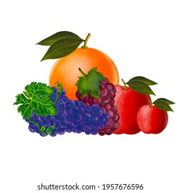 Heath Food Organic  Fruit Mix  Grape Orange Apple On White Background.selective Focus.illustration