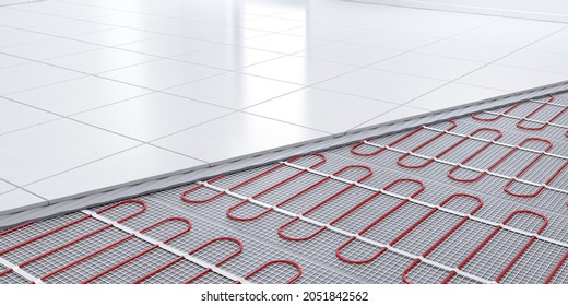 Heating concept, underfloor heating. 3d rendering of Heat floor layers cutaway.