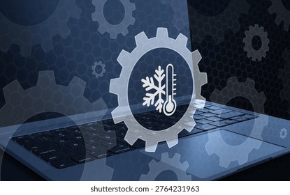 Heating and cooling climate control concept featuring a snowflake and thermometer icon inside a gear on a laptop. Smart HVAC system management and industrial refrigeration software solutions for temperature monitoring and regulation.