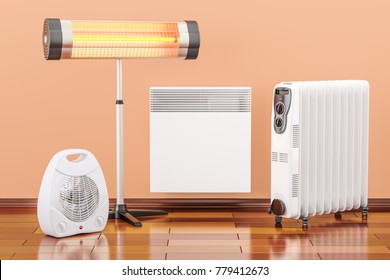 Heating devices. Convection, fan, oil-filled and infrared heaters, 3D rendering 