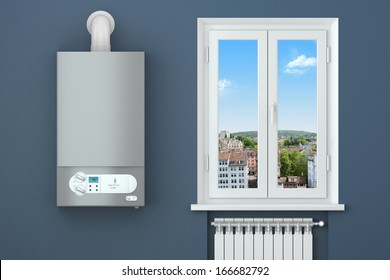 Heating House. Gas Boiler, Window, Heating Radiator.