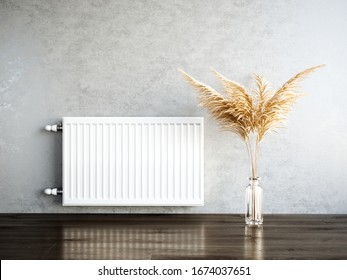 Heating metal radiator, white radiator on the wall in an apartment with the pampas. 3d rendering illustration