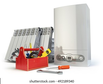 Heating system servicing or repearing concept. Gas boiler, radiators and toolbox with tools on the kitchen. 3d illustration - Powered by Shutterstock