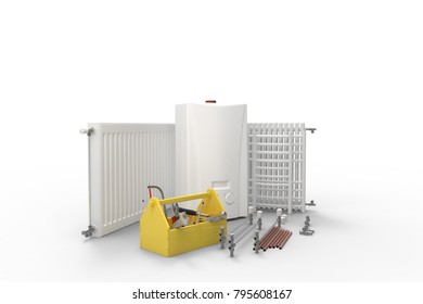 Heating system servicing or repearing concept. Gas boiler, radiators and toolbox with tools.3D rendering