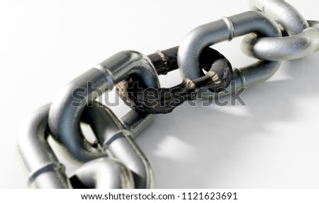 A heave meatl chain with a very rusted and corroded link joing the two halves together - 3D render
 Stock photo © 