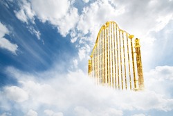 Heaven Gate Made Of Gold On A Bright And Cloudy Background / 3D Illustration