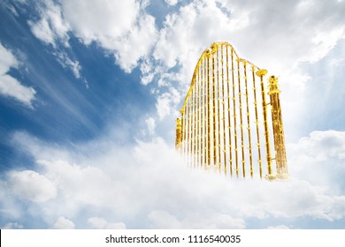 Heaven gate made of gold on a bright and cloudy background / 3D illustration