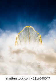 Heaven gate made of gold on a bright and cloudy background / 3D illustration