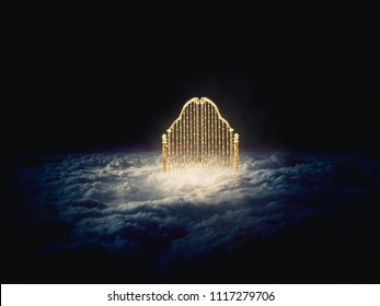 Heaven gate made of gold on a dark cloudy background / 3D illustration