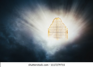 Heaven Gate Made Of Gold On A Dark Cloudy Background / 3D Illustration