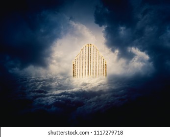 Heaven gate made of gold on a dark cloudy background / 3D illustration