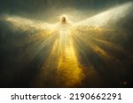 Heavenly angel figure made of light in clouds with golden rays, abstract digital painting illustration