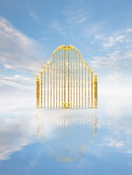 Heavens Gate Made Of Gold On A Bright And Cloudy Background / 3D Illustration