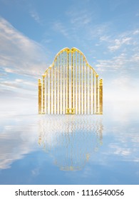 Heavens gate made of gold on a bright and cloudy background / 3D illustration