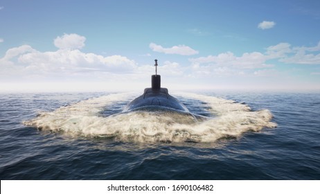 Heavy Atomic Submarine Floating In Ocean 3d Illustration