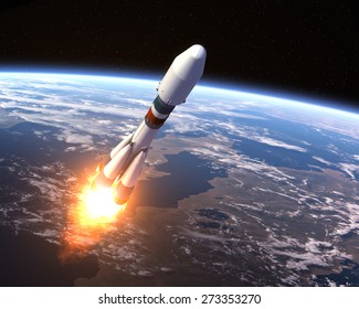 Start der schweren Trägerrakete. 3D-Szene. Elemente dieses von der NASA bereitgestellten Bildes. 