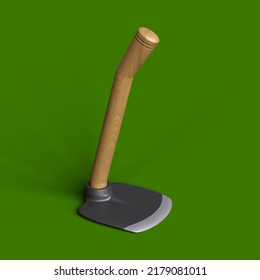 Heavy Duty Hoe. 3d Realistic Render Gardening Tools Icon Illustration. Isolated On Green Background