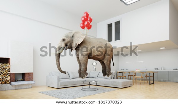 重い象と赤い風船が 現代のロフトで簡単に飛び上がる 3dレンダリング のイラスト素材