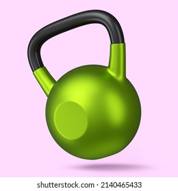 Heavy Gym Green Kettlebell For Workout Isolated On Pink Background. 3d Rendering Of Sport Equipment For Fitness And Powerlifting