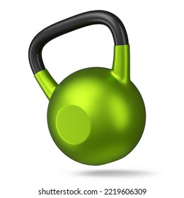 Heavy Gym Green Kettlebell For Workout Isolated On White Background. 3d Rendering Of Sport Equipment For Fitness And Powerlifting