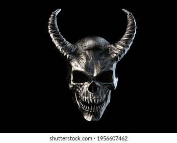 Heavy Metal Demon Skull With Horns With Sharp Teeth - 3D Illustration