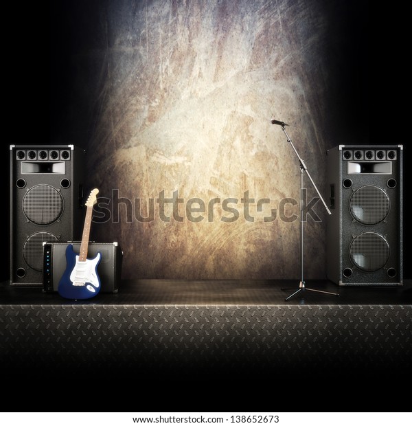 太い金属の音楽ステージや歌の背景 マイク エレキギター ダイヤモンドめっきの床付きスピーカ テキスト用またはコピー用のスペースを含む広告コンセプト の イラスト素材