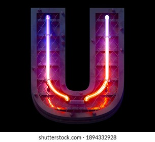 Heavy Metal Ultra Neon Font. Letter U. 3d Rendering