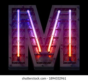 Heavy Metal Ultra Neon Font. Letter M. 3d Rendering