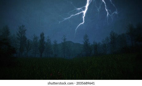 Heavy Rain With Thunder And Lightning In Night Forest