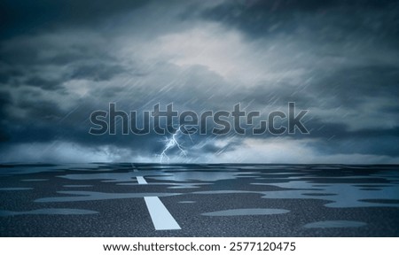 Heavy rain with thunderstorm on empty Road - 3D illustration
