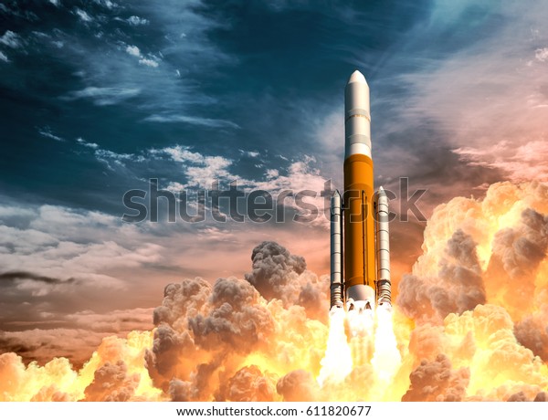 曇り空の背景に重いロケット打ち上げ 3dイラスト のイラスト素材