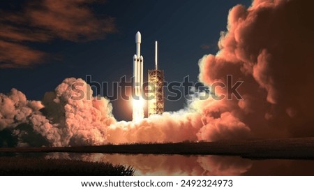 Heavy Rocket Night Launch. 3d illustration.