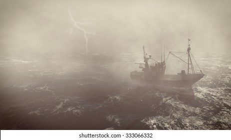 Heavy Storm In The Open Sea With Small Fishing Boat At Foreground And With Lightning Flashes In The Distance. 3D Rendering File.