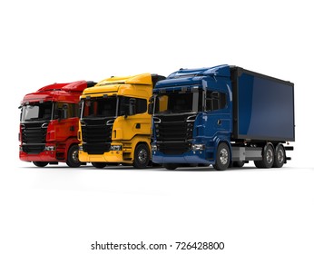 Heavy Transport Trucks - Red, Blue And Yellow - Beauty Shot - 3D Illustration