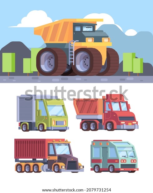 Heavy trucks.\
Industrial vehicles trailers for cargo delivery and for builders\
road mining flat pictures of\
cars