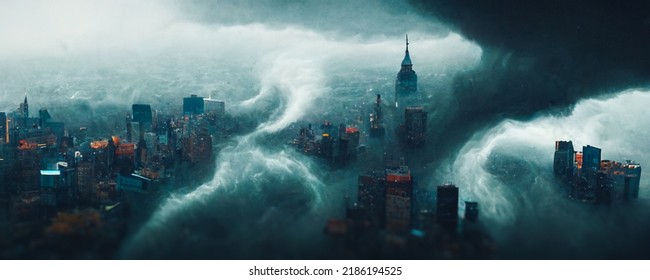 Heavy Weather Hitting Skyscraper City, Extreme Weather Destroying City, Climate Change And Environmental Disaster Concept   3d Rendering