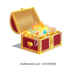 Heavy Wooden Chest Full Of Ancient Gold Treasures. Bright Gems Precious Jewelry And Shiny Coins. Old Royal Treasure In Container Raster Illustration.