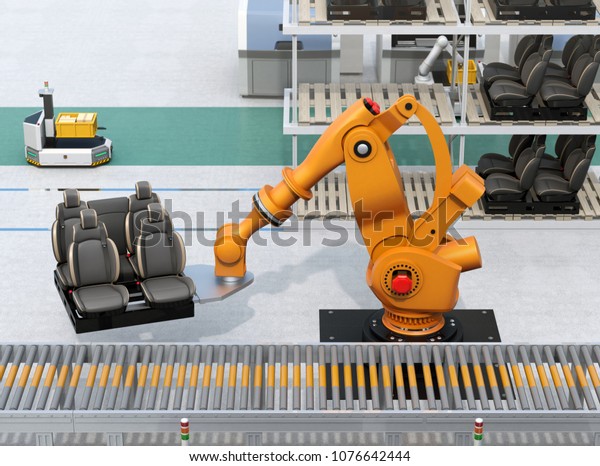 Heavyweight robotic arm carrying car\
seats in car assembly production line. 3D rendering\
image.