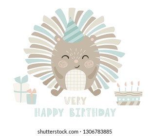 Hedgehog Baby Happy Birthday Cute Print. Sweet Animal With Gift Box And Cake. Urchin Fashion Child Cool Illustration For Nursery T-shirt, Kids Apparel, Invitation, Scandinavian Child Design