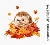 Hedgehog in the leaves, watercolor autumn illustration 