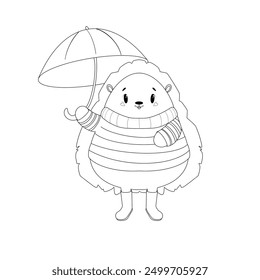 Hedgehog with umbrella coloring pages for kids. Hello fall. Hedgehog cartoon character. Coloring page with animal characters. Autumn coloring book page activity for kids. Children’s coloring book. - Powered by Shutterstock