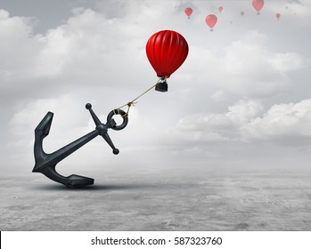 Held back metaphor as a large anchor holding or oppressing an air balloon and restricting movement as a suppression business metaphor  from aspiring to succeed with 3D illustration elements.