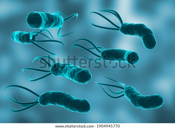 Helicobacter Pylori in the microscopic\
environment. is a bacterium that colonizes the lining of the human\
stomach. 3D\
rendering